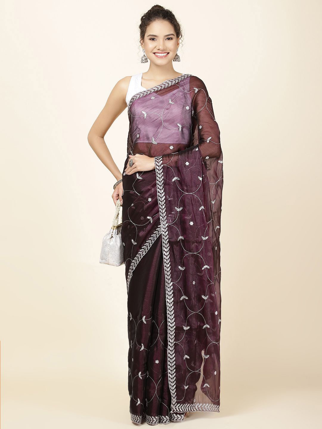 

Meena Bazaar Embellished Sequinned Organza Saree, Purple