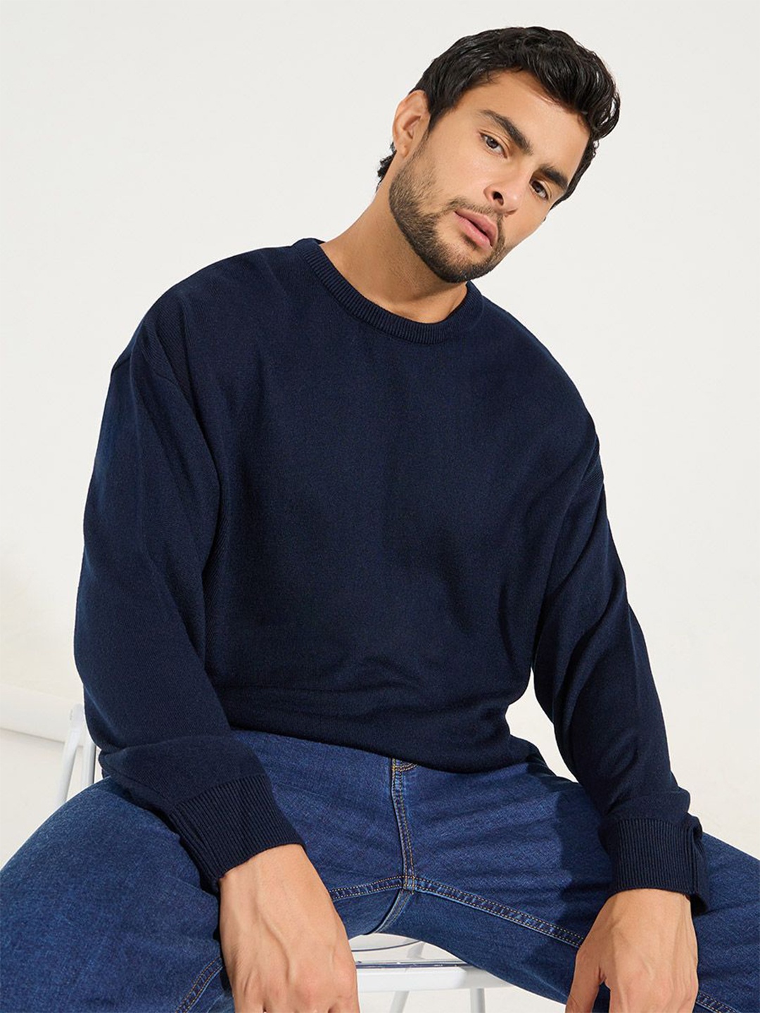 

Styli Navy Blue Crew Neck Relaxed Fit Light Weight Acrylic Pullover Sweater