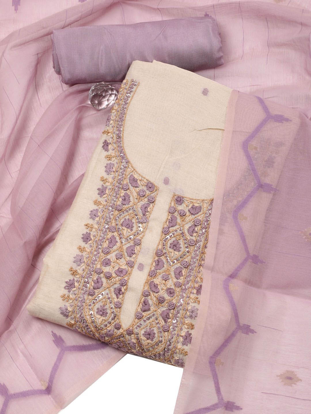 

Meena Bazaar Floral Embroidered Sequinned Chanderi Unstitched Dress Material, Cream