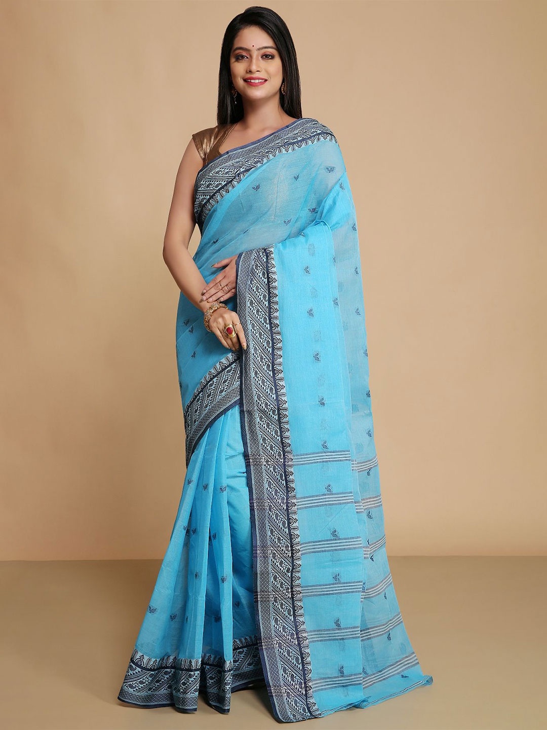 

WoodenTant Woven Design Pure Cotton Taant Saree, Turquoise blue