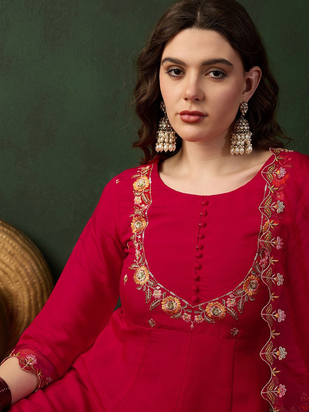 

Sangria Embroidered Round Neck A-Line Kurta & Trouser With Dupatta, Red