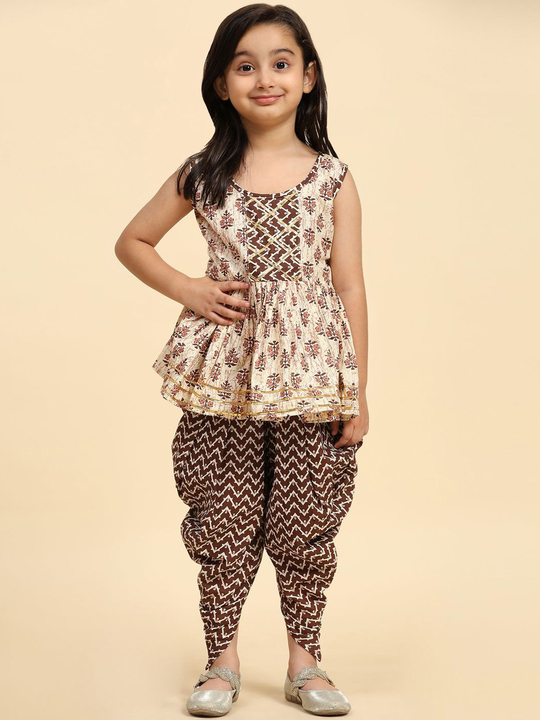 

SHIJILA Girls Floral Printed A Line Kurta with Dhoti Pants, Cream