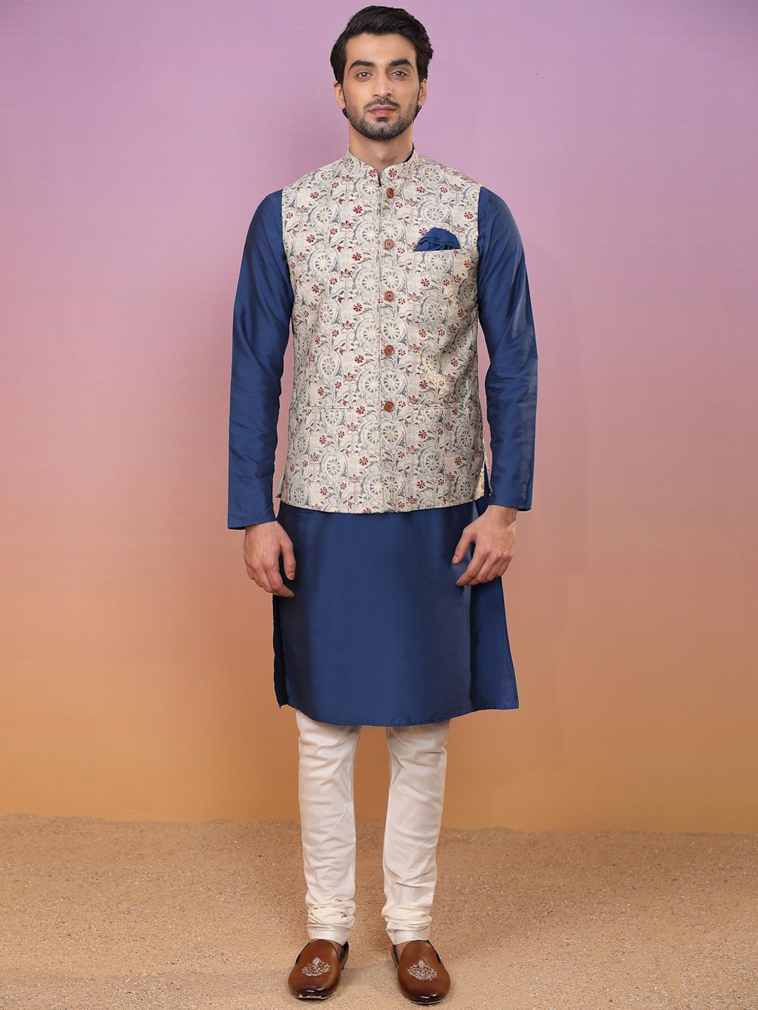 

Anouk Ethnic Motifs Printed Mandarin Collar Regular Straight Kurta with Churidar, Blue