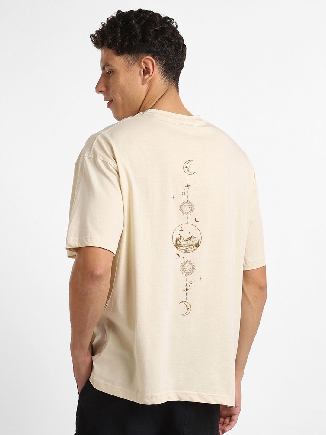 

NOBERO Men Oversized Graphic Printed Cotton T-shirt, Beige