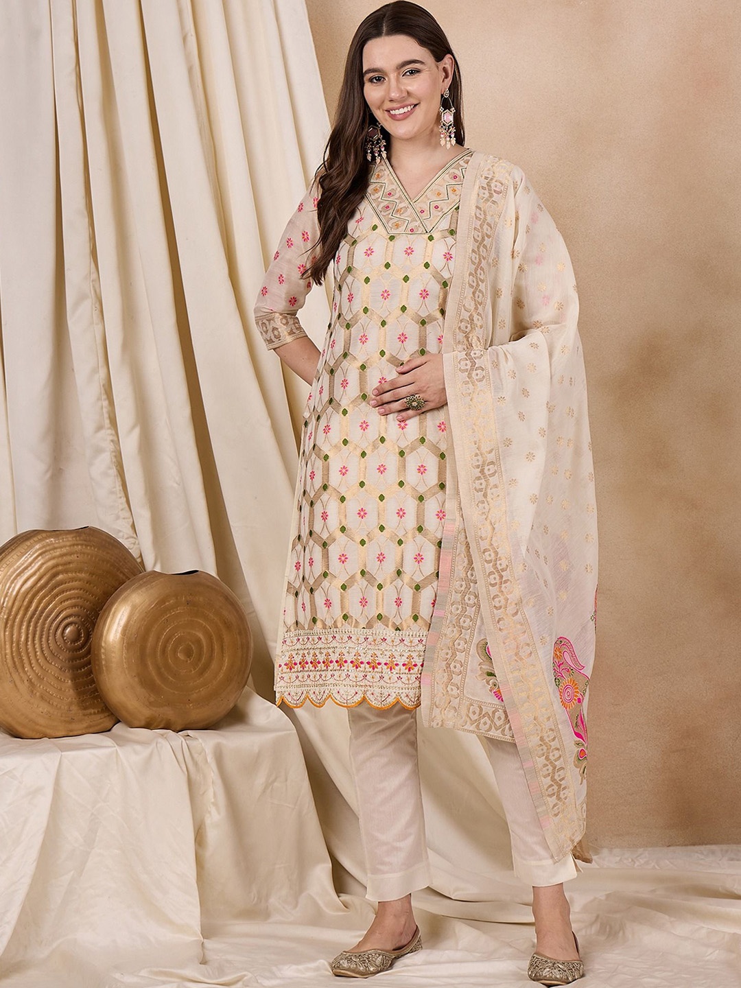 

KAVINDI Regular Mirror Work Chanderi Cotton Straight Kurta with Trousers & Dupatta, White