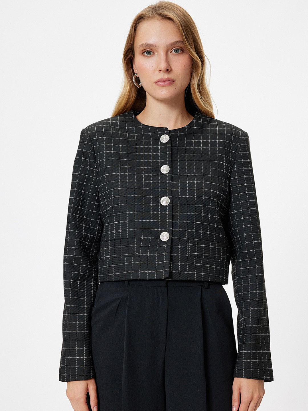 

Koton Checked Cropped Formal Blazer, Black