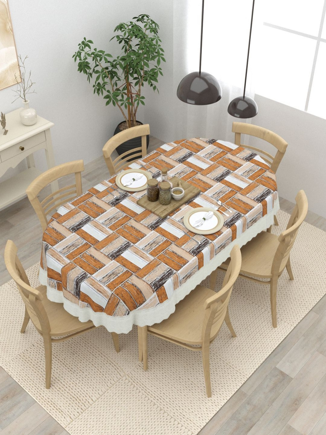 

Clasiko Brown Geometric Printed Anti-Slip Oval 6-Seater Table Cover