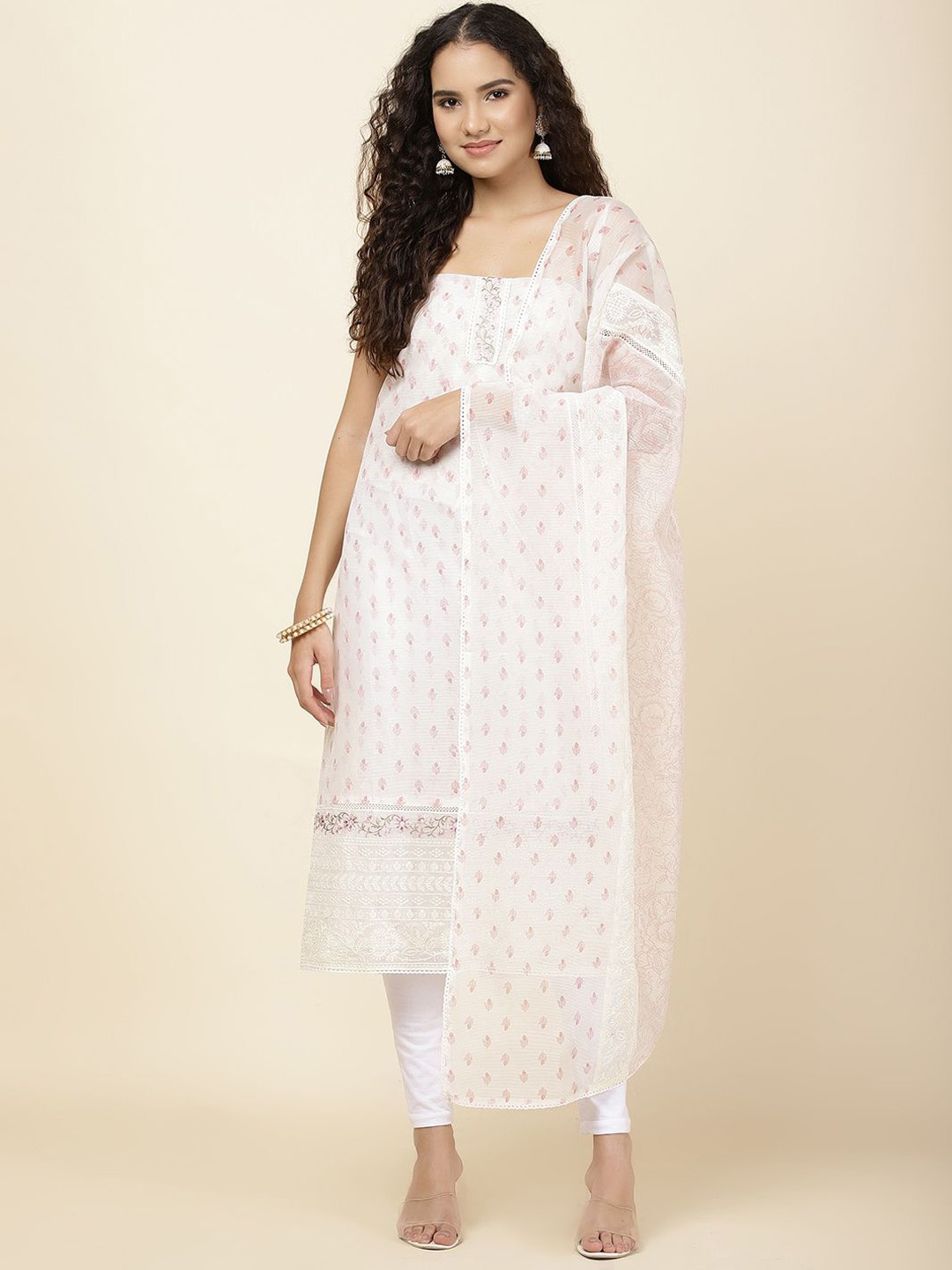 

Meena Bazaar Floral Printed Cotton Unstitched Dress Material, Cream