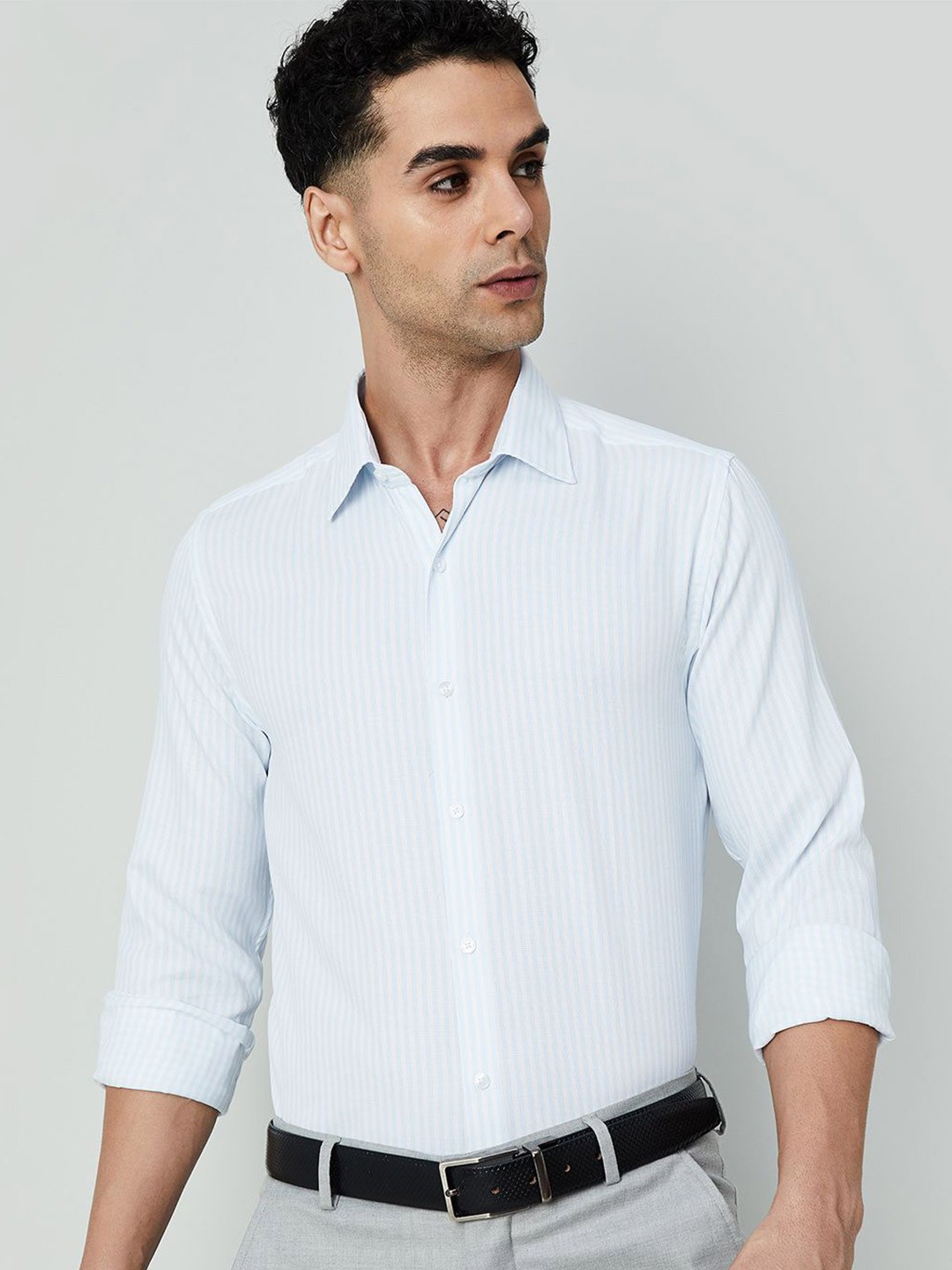 

CODE by Lifestyle Men Spread Collar Striped Cotton Slim Fit Formal Shirt, Blue