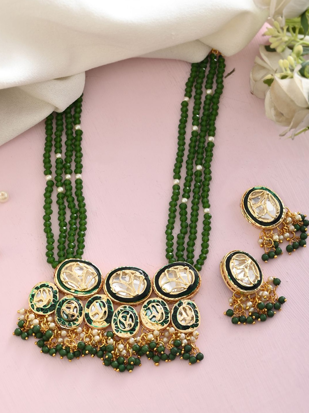 

Silvermerc Designs Gold-Plated Stone-Studded & Beaded Jewellery Set