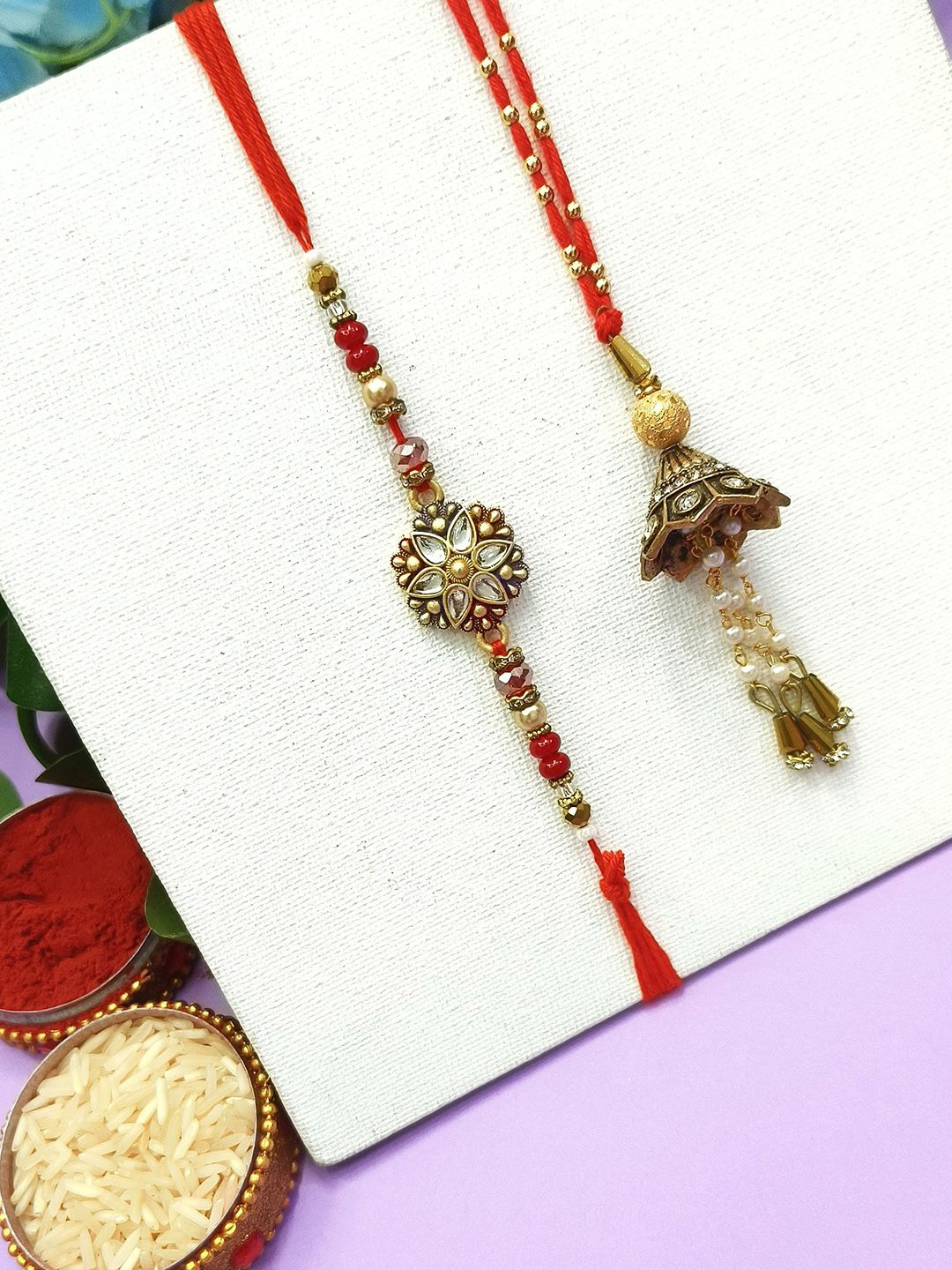 

StileAdda Bhaiya Bhabhi Stones Studded & Beaded Thread Rakhi, Gold