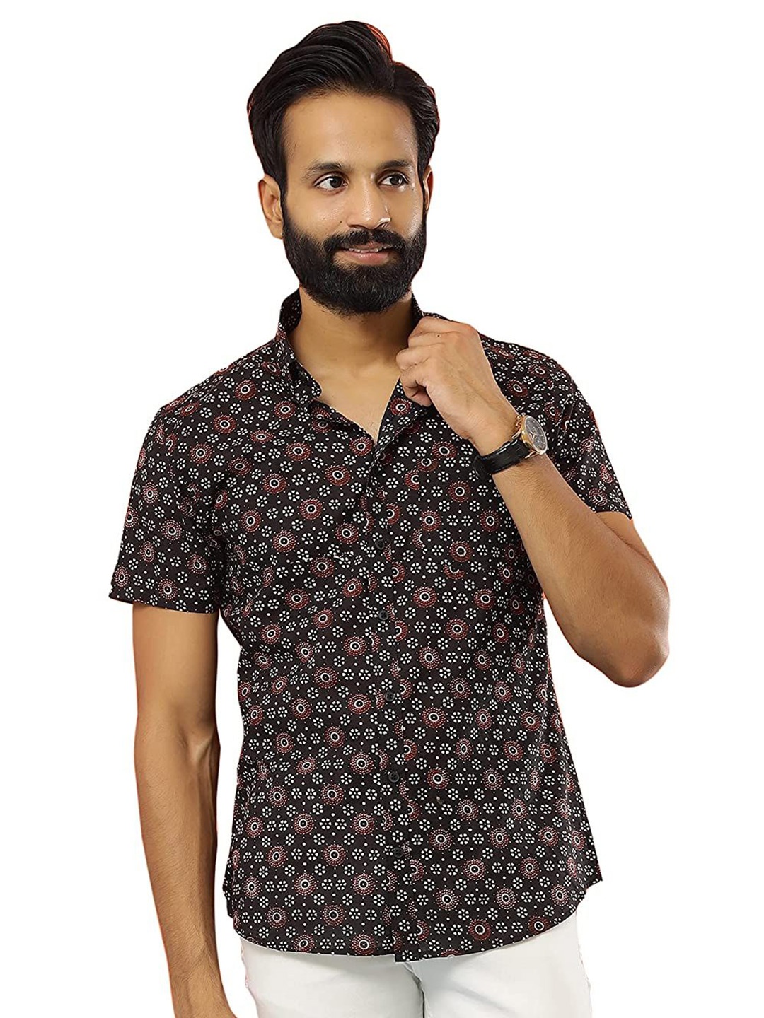 

SAY Men Classic Spread Collar Abstract Printed Cotton Casual Shirt, Black