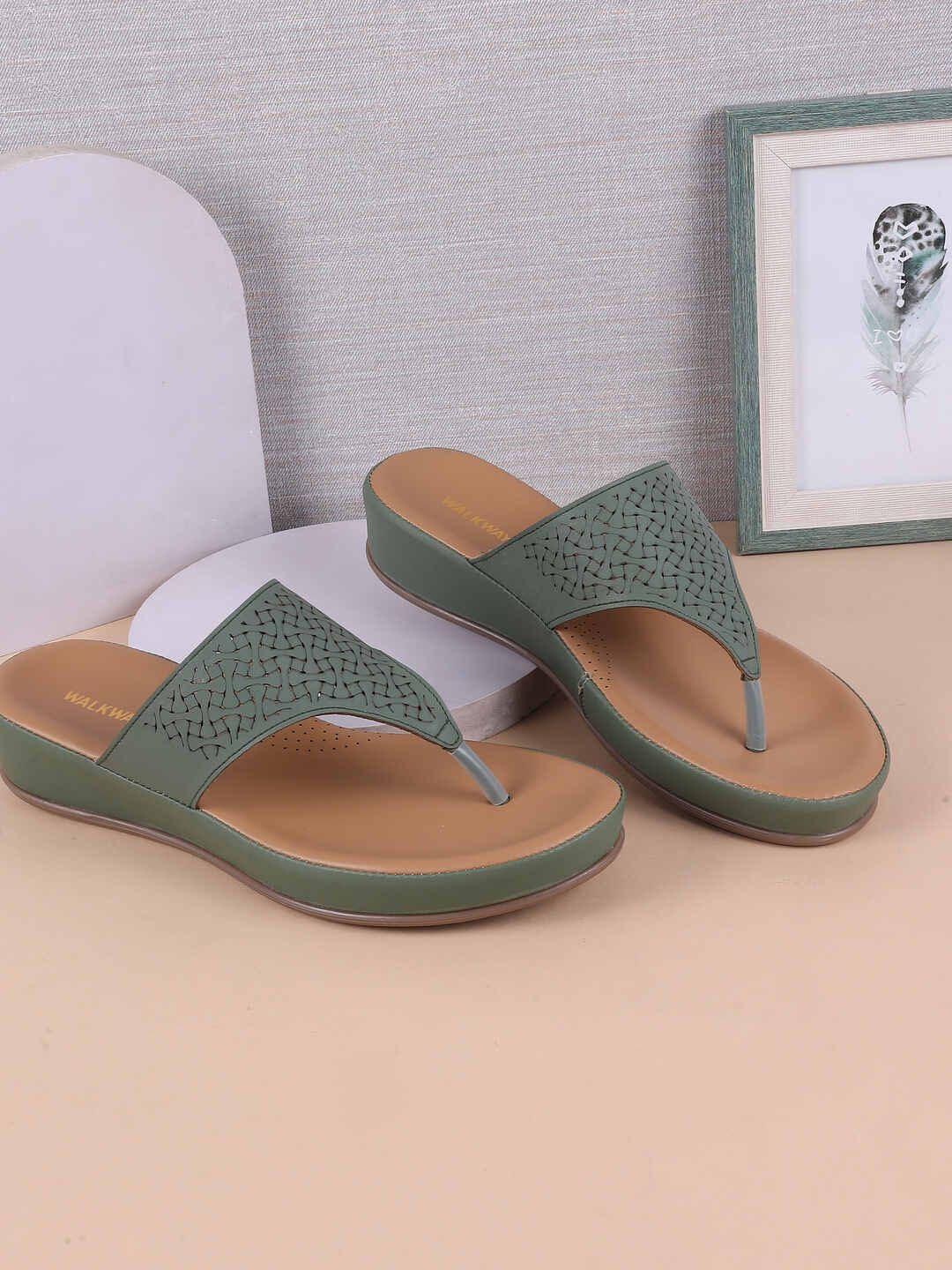 

WALKWAY by Metro Women Textured Open Toe Flats with Laser Cuts, Green