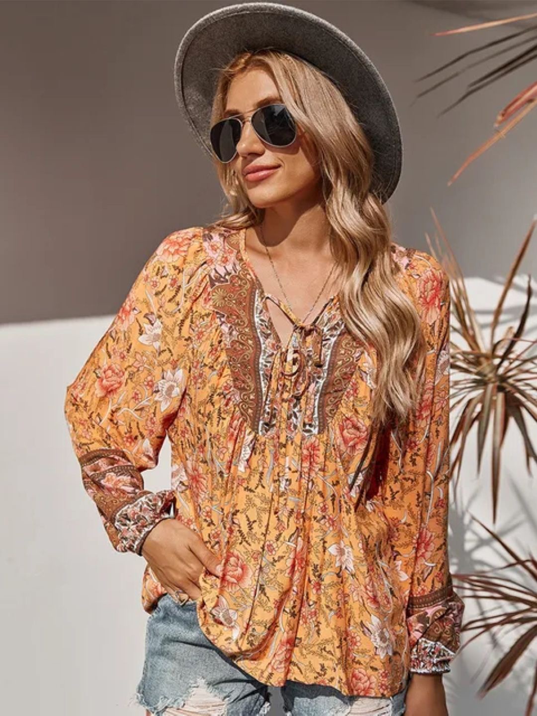

StyleCast Women Floral Printed Tie-Up Neck Top, Orange
