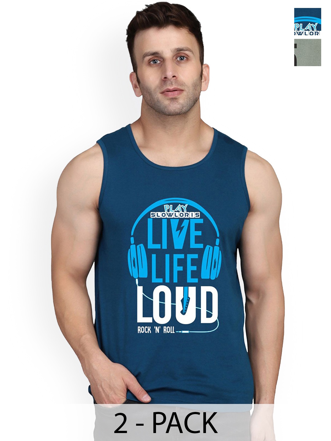 

SLOWLORIS Pack Of 2 Men Printed Gym Vests, Teal