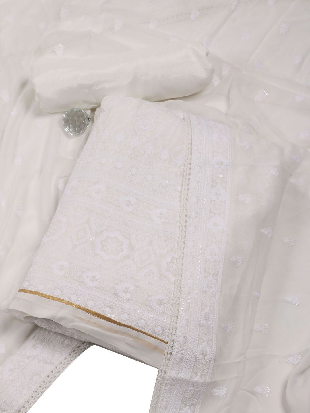 

Meena Bazaar Floral Embroidered Georgette Unstitched Dress Material, Cream