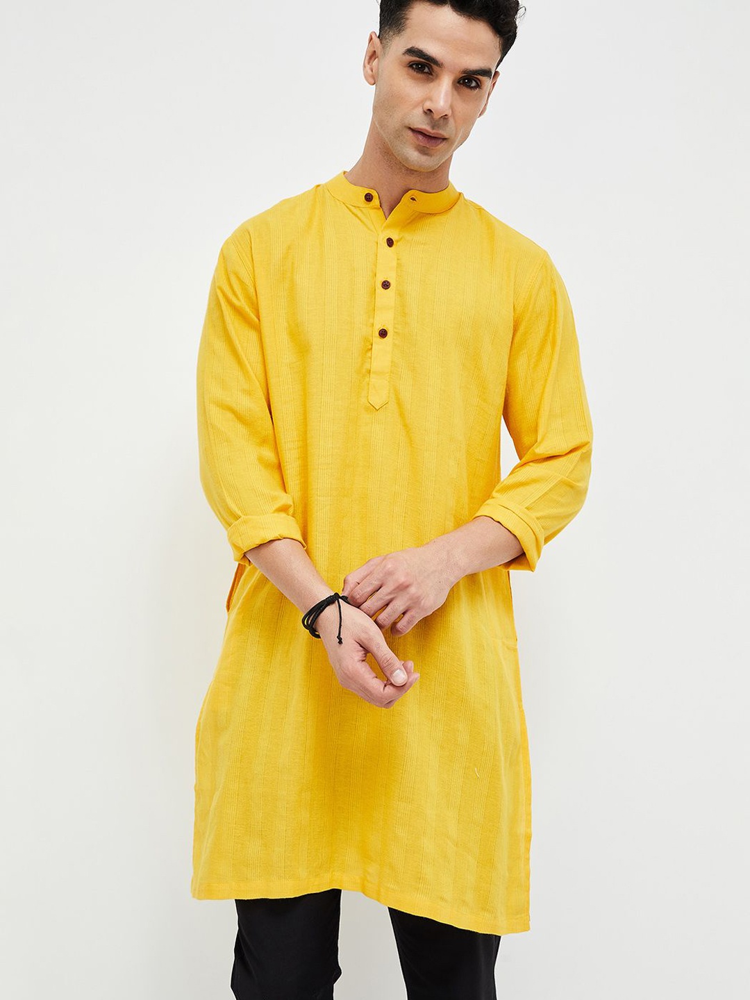 

Melange by Lifestyle Band Collar Long Sleeves Cotton Straight Kurta, Yellow