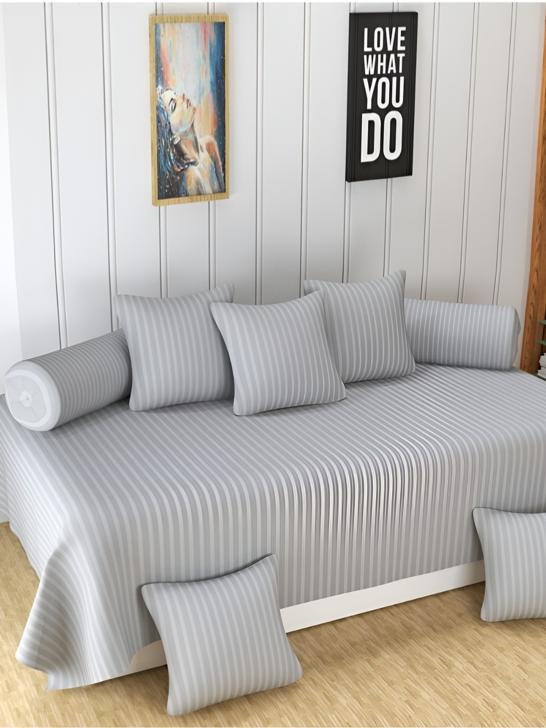 

UrbanArts 8 Pcs Grey Striped Cotton 400 TC Diwan Set