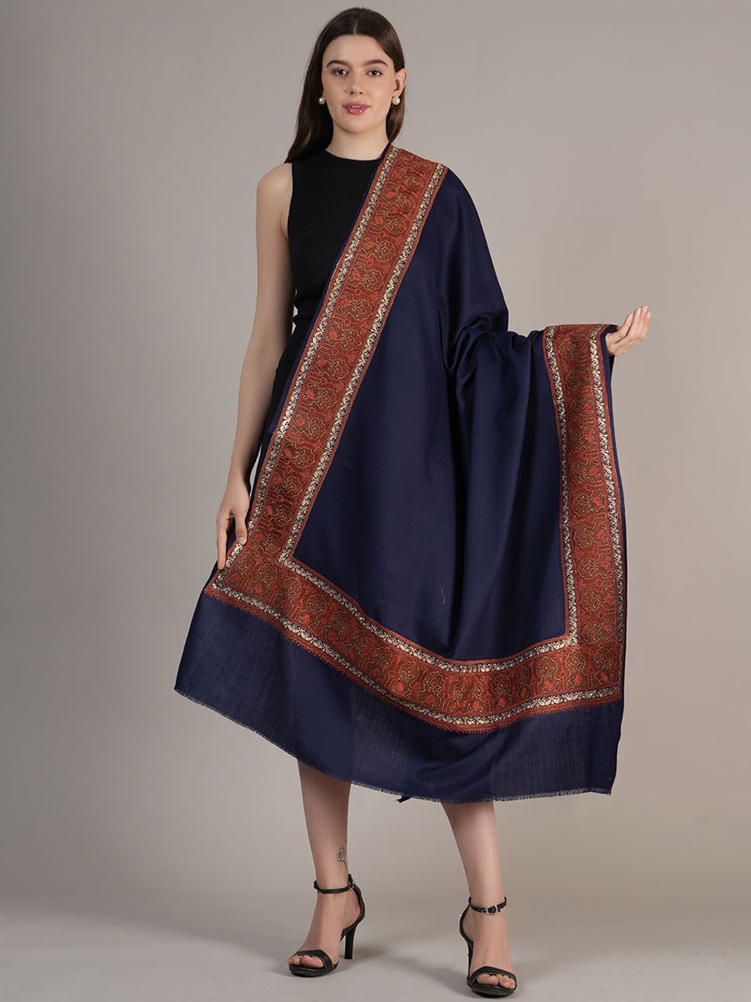 

MUFFLY Floral Embroidered Pashmina Woollen Shawl, Blue