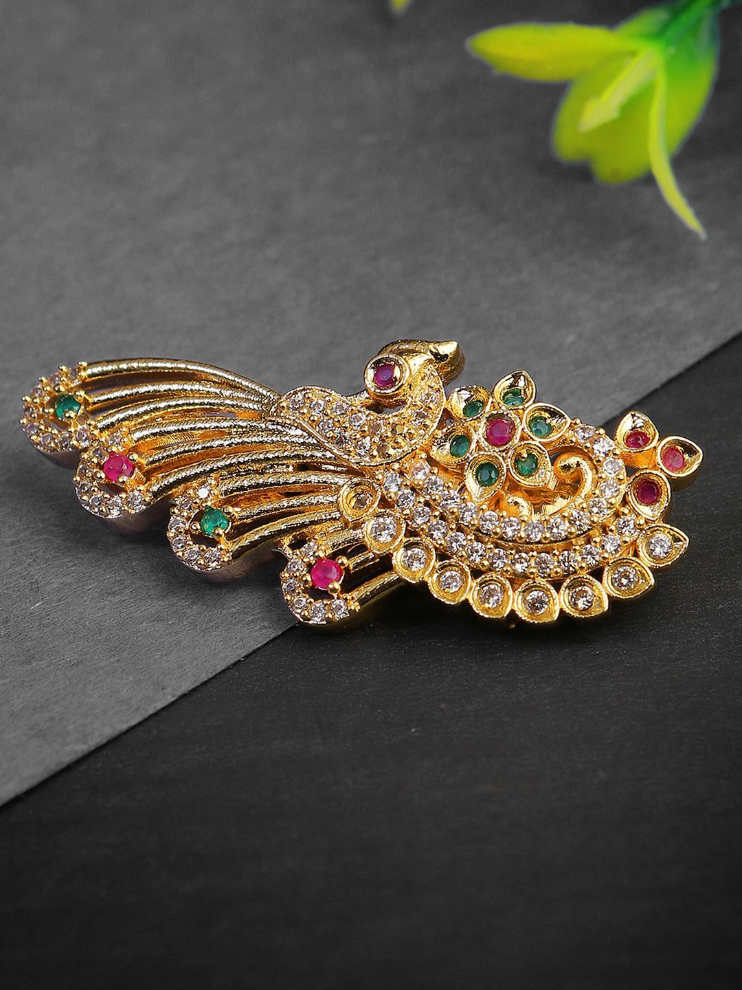 

Adwitiya Collection Gold Plated Stone-Studded Peacock Design Brooch