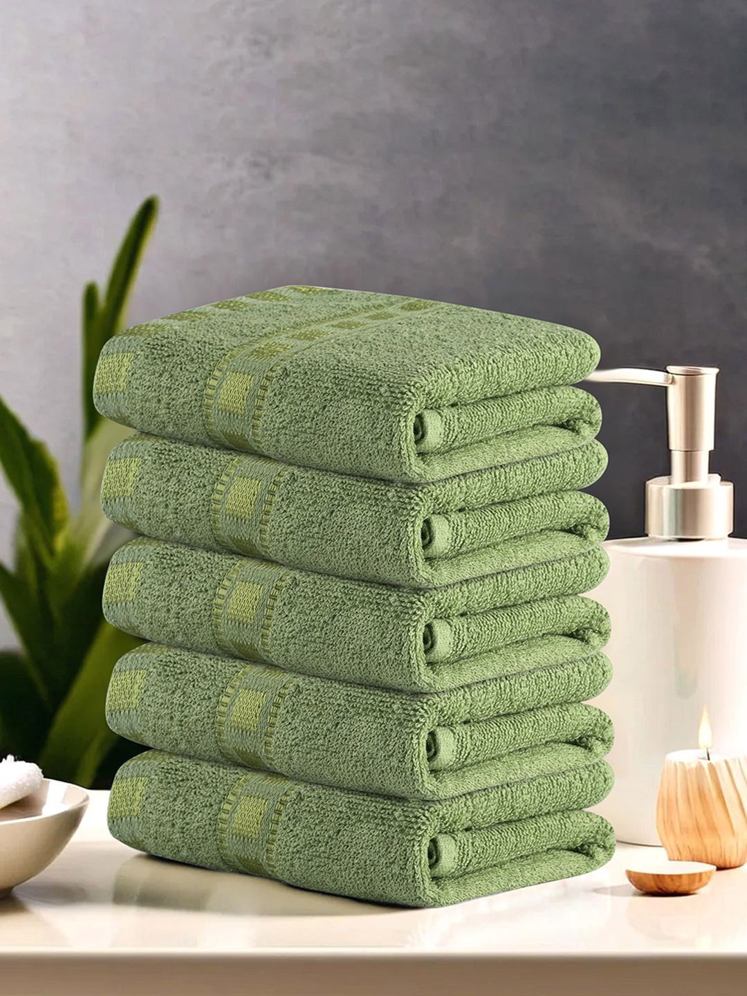 

Kuber Industries Green 5 Pieces Anti Bacterial 225 GSM Cotton Face Towels
