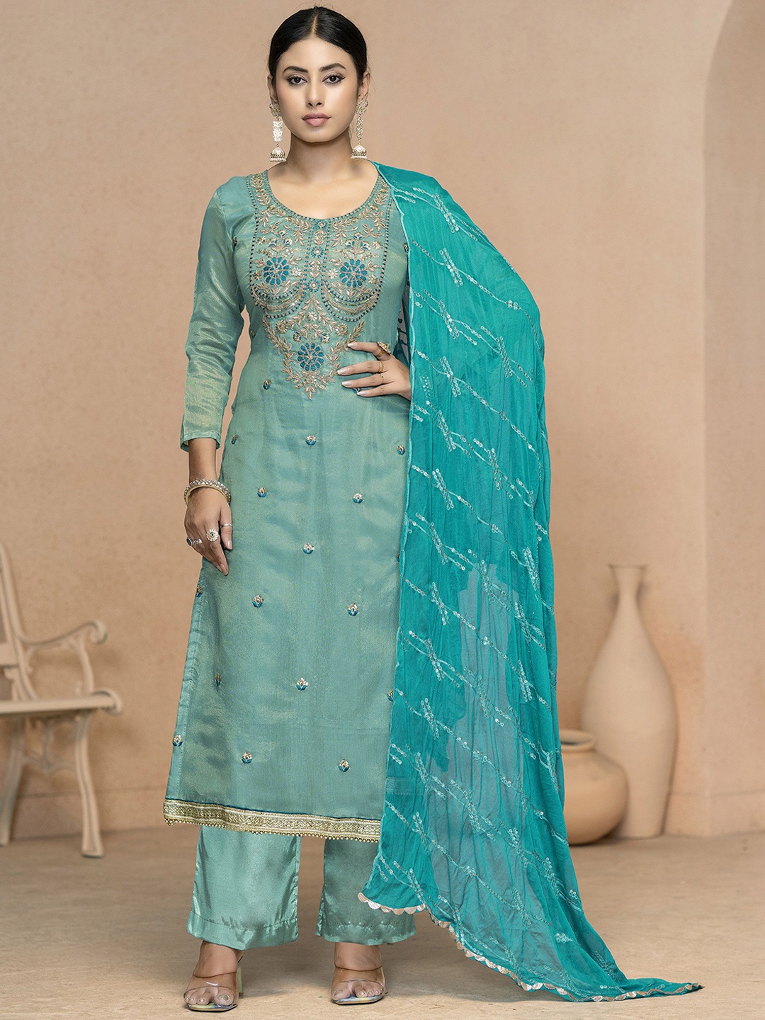 

MANVAA Floral Embroidered Sequinned Unstitched Dress Material, Sea green