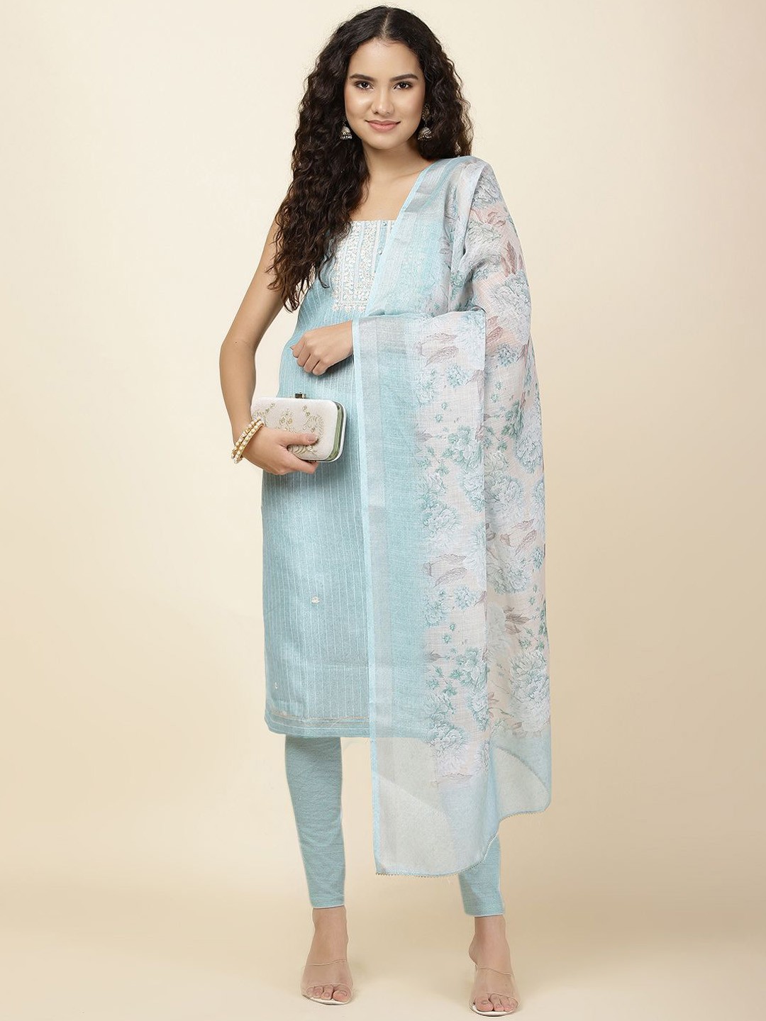 

Meena Bazaar Striped Embroidered Sequinned Tissue Unstitched Dress Material, Blue