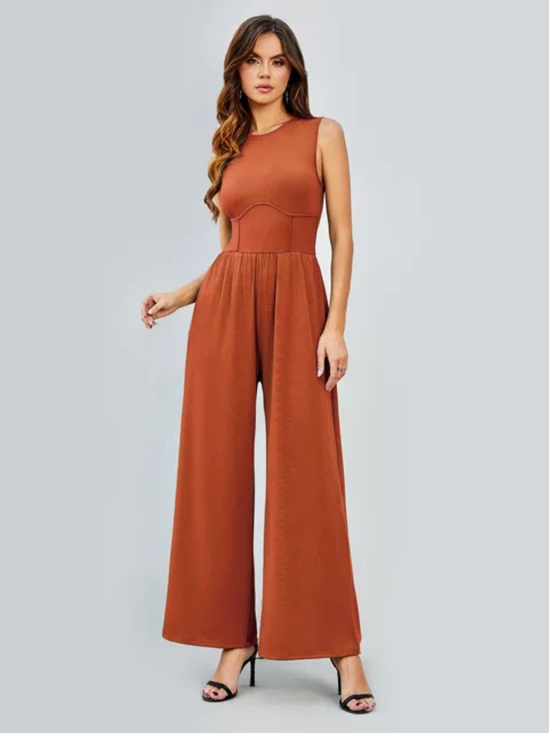 

StyleCast Round Neck Solid Sleeveless Jumpsuit, Brown