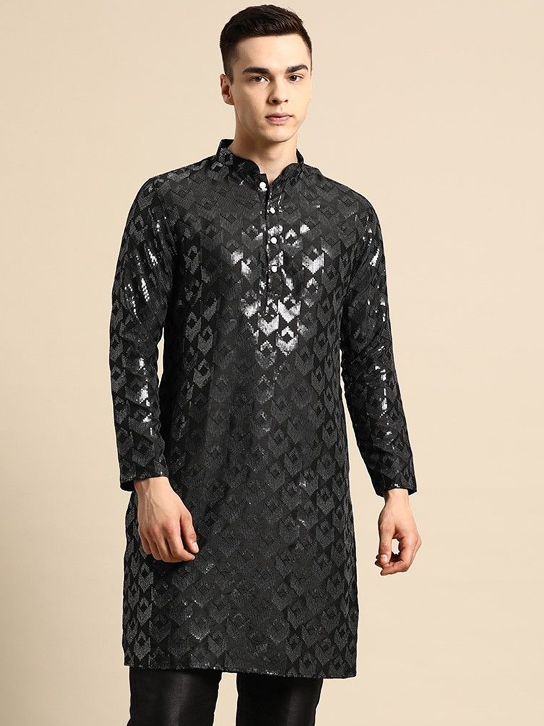 

Sayisha Embellished Mandarin Collar Sequined Kurta, Black