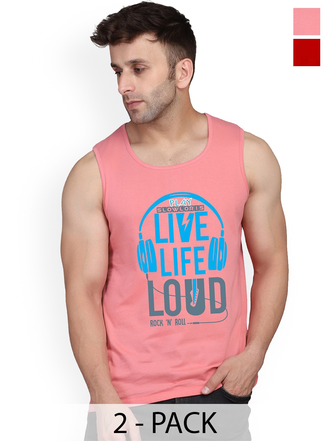 

SLOWLORIS Pack Of 2 Printed Gym Vests, Peach