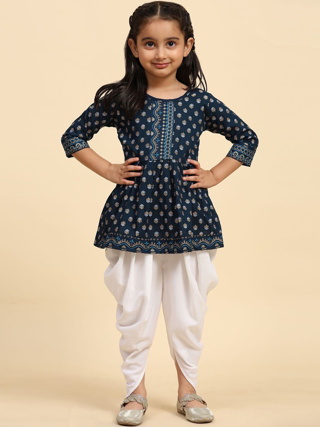 

SHIJILA Girls Floral Printed A Line Kurta with Dhoti Pants, Blue