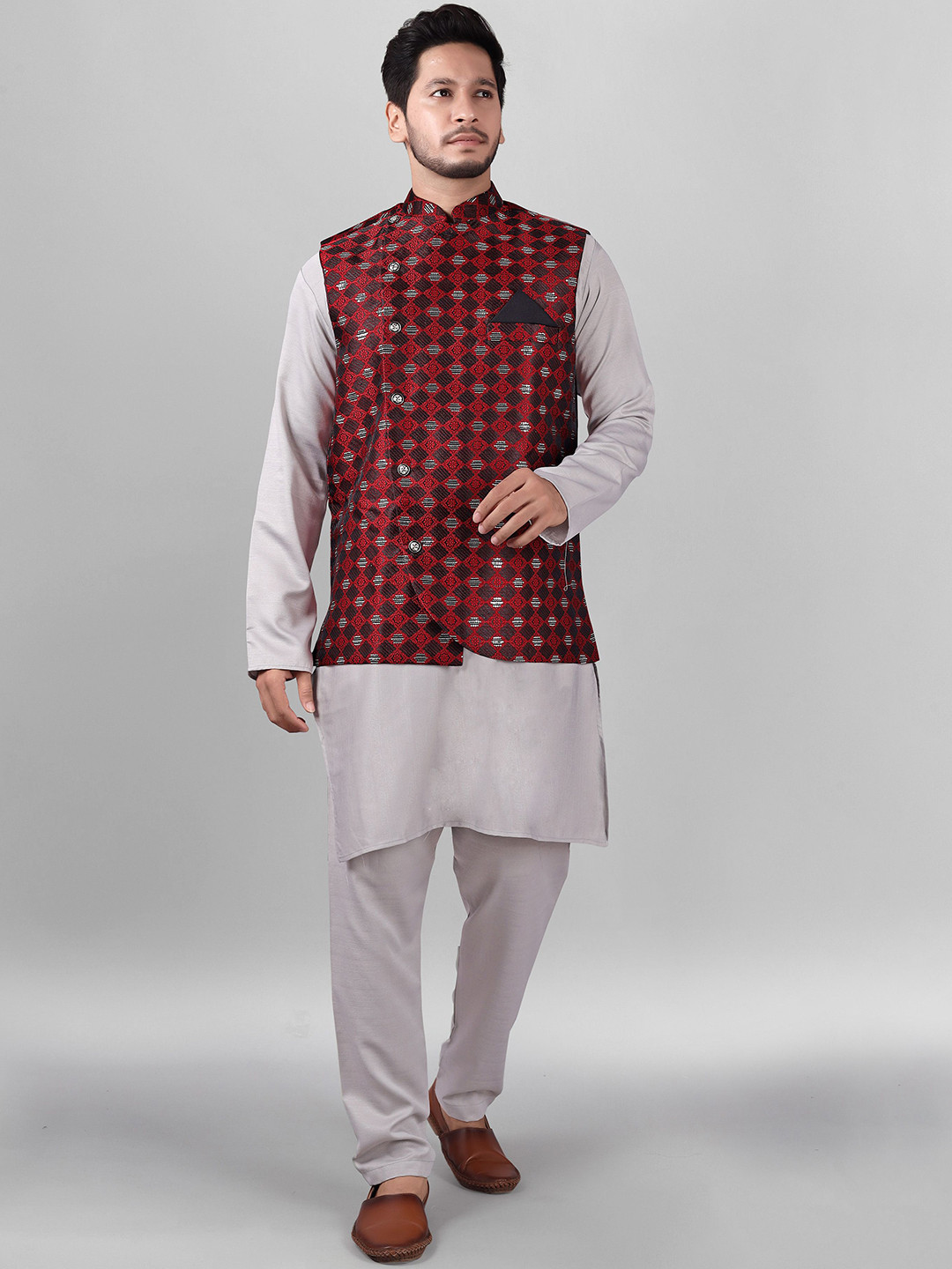

amzira Printed Straight Kurta, Pyjamas With Jacket Set, Grey