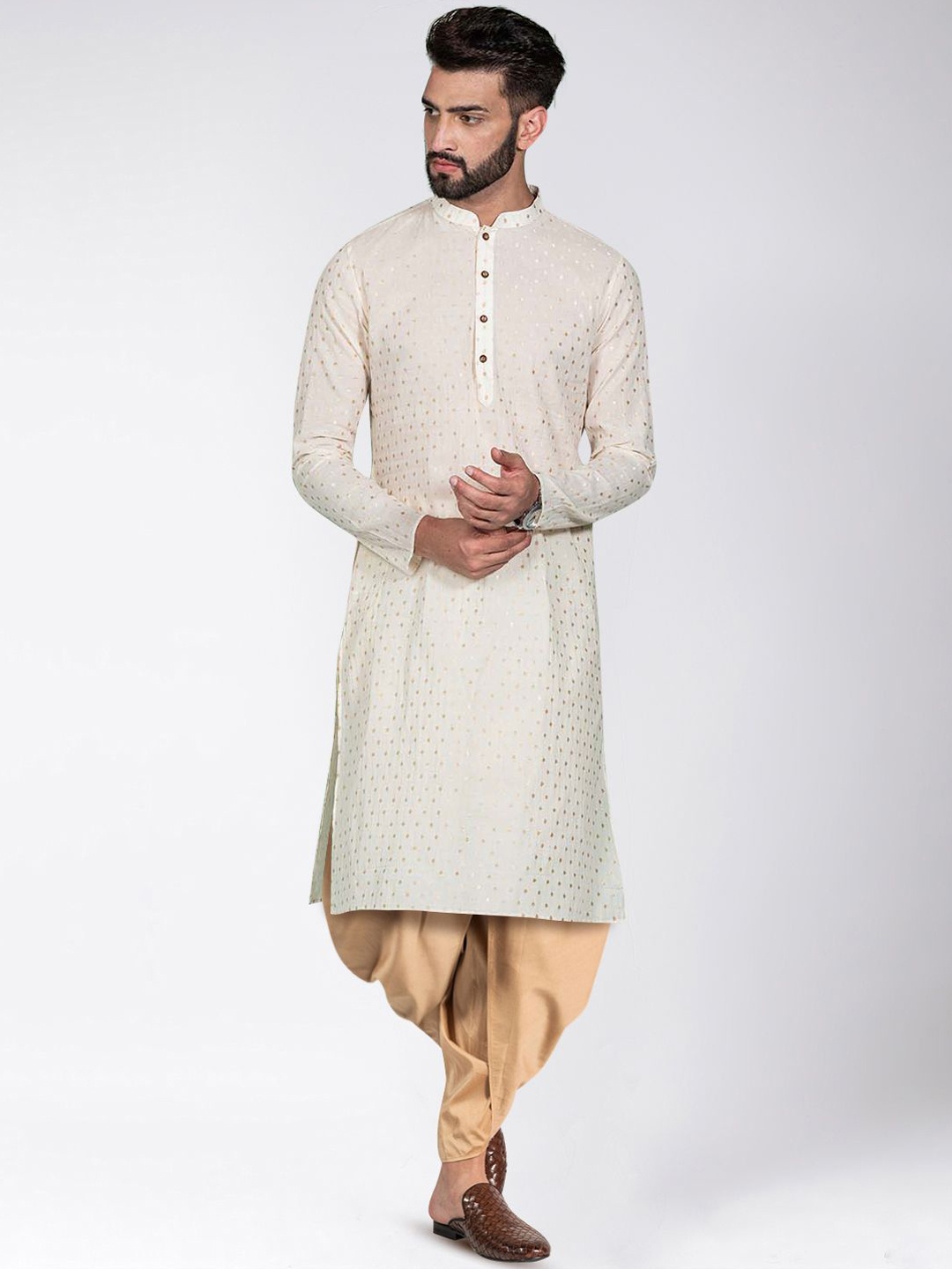 

Anouk White & Gold Geometric Embroidered Mandarin Collar Kurta with Dhoti Pants