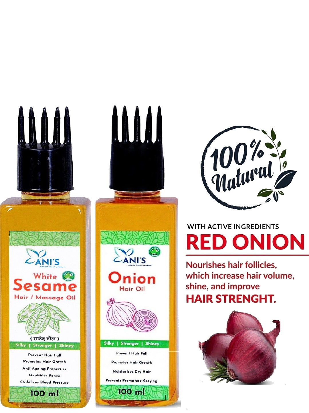 

ANI'S Set Of 2 White Sesame & Onion Hair Oil For Strong & Silky Hairs - 100ml Each, Orange