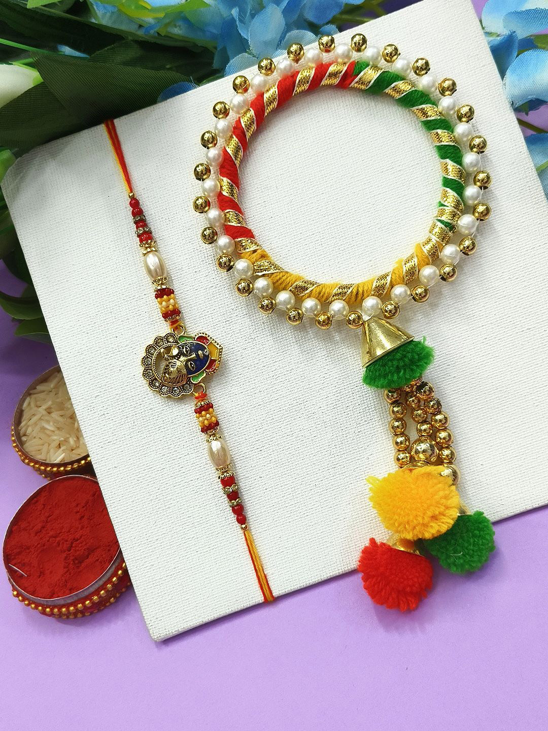

StileAdda Pyara Veer Beaded Bhaiya Bhabhi Rakhi With Roli Chawal, Gold