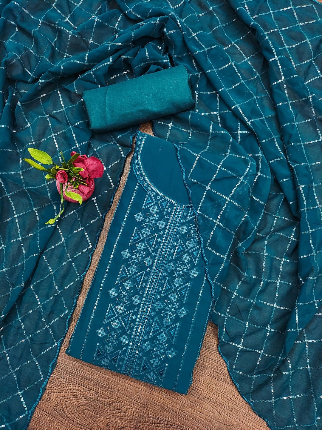 

LeeliPeeri Designer Geometric Embeliished Sequinned Georgette Unstitched Dress Material, Teal