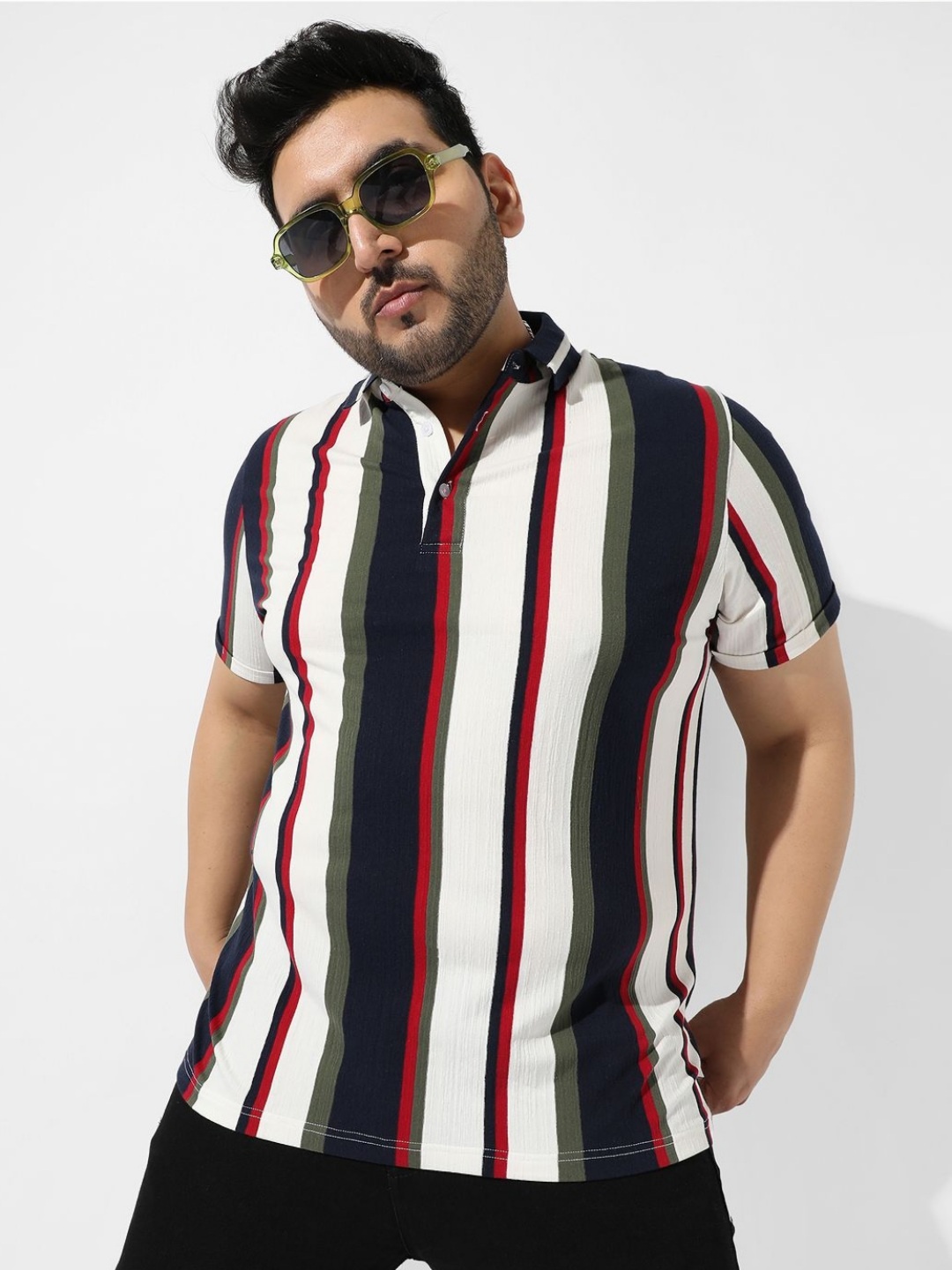 

Instafab Plus Men Striped Polo Collar Cotton Relaxed Fit Plus Size T-shirt, White