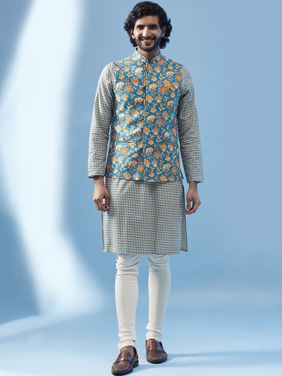 

Anouk Floral Printed Mandarin Collar Regular Straight Kurta with Churidar, Blue