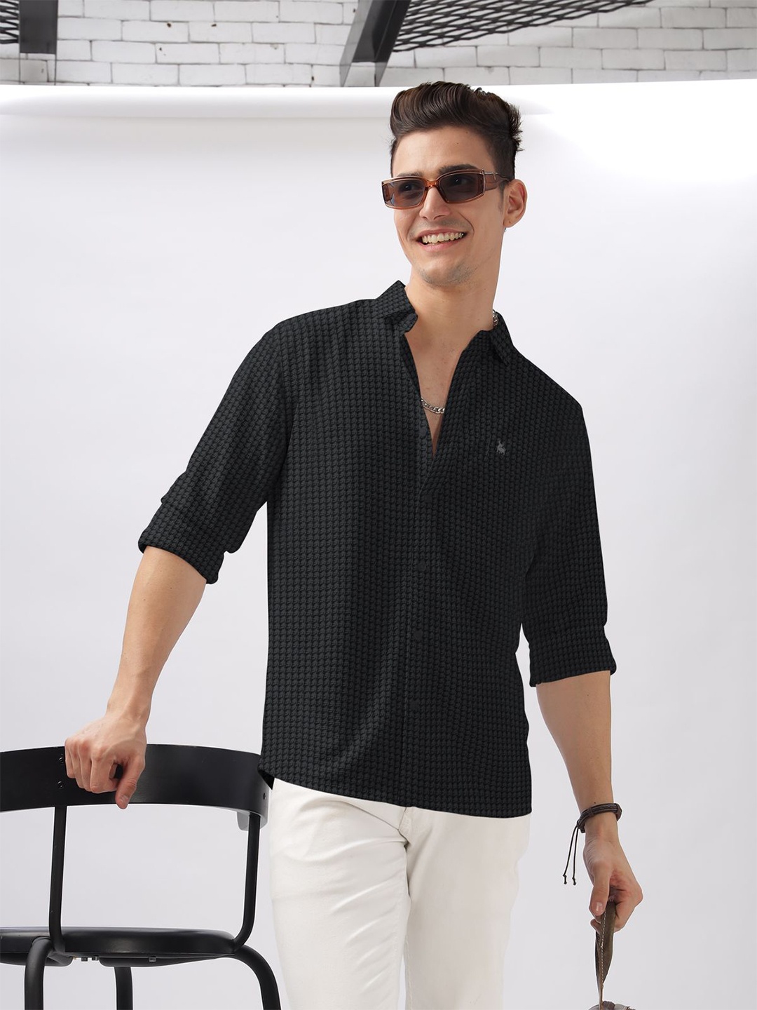 

BULLMER Men Spread Collar Self Design Cotton Casual Shirt, Black