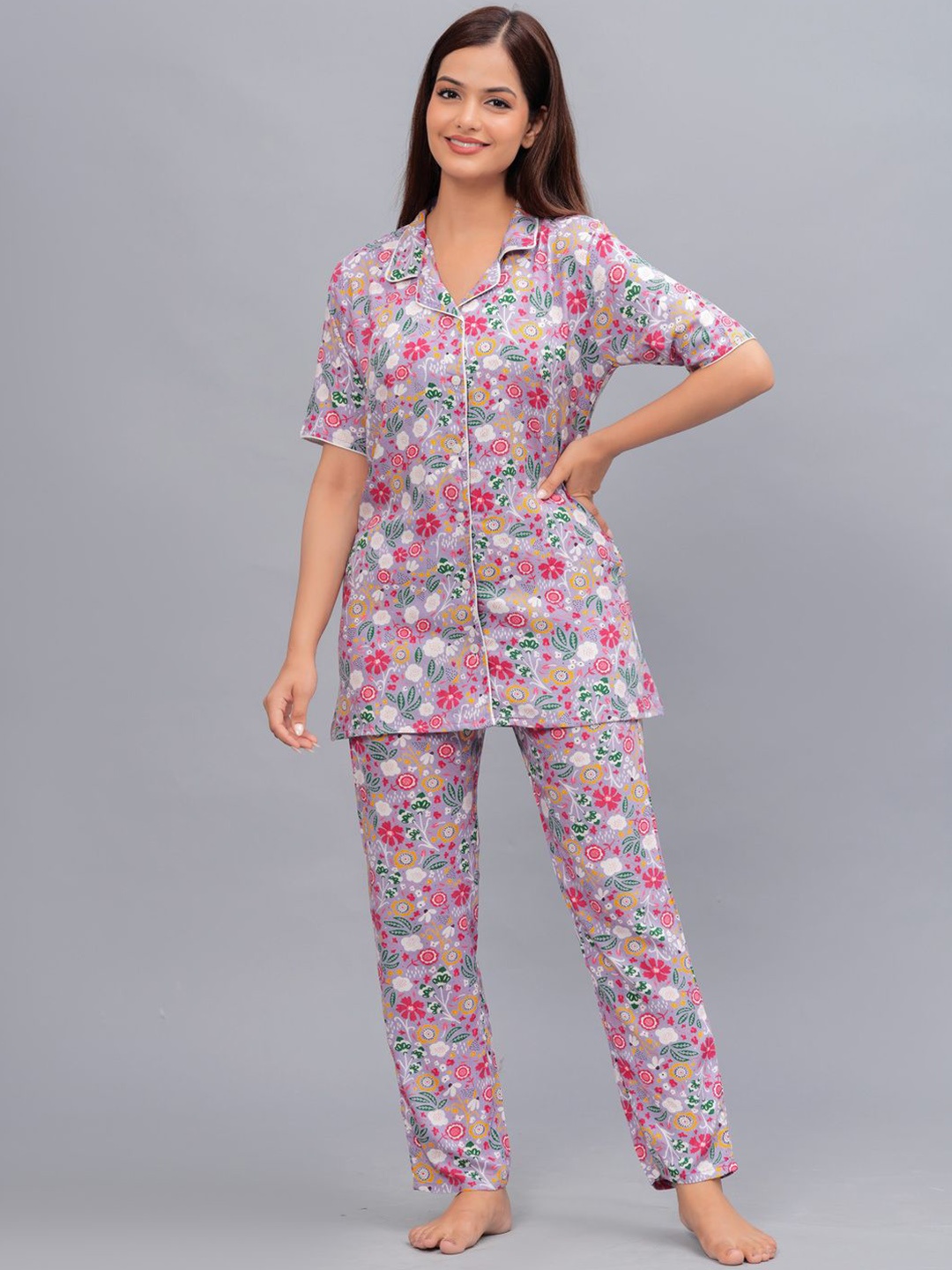 

Bachuu Women Lapel Collar Floral Night suit, Lavender