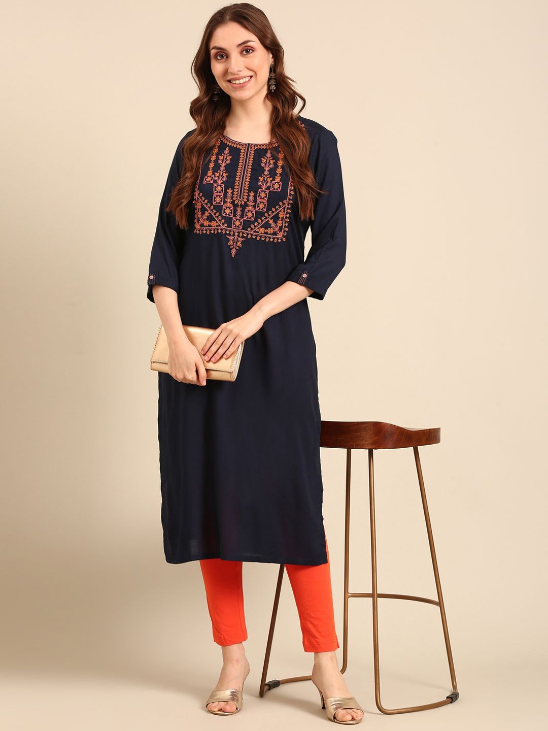 

Anouk Navy Blue Ethnic Motifs Embroidered Round Neck Thread Work Kurta