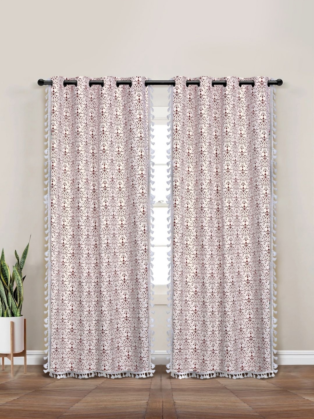 

Myntra Elegant Homes White & Maroon Set of 2 Ethnic Motifs Black Out Door Curtain