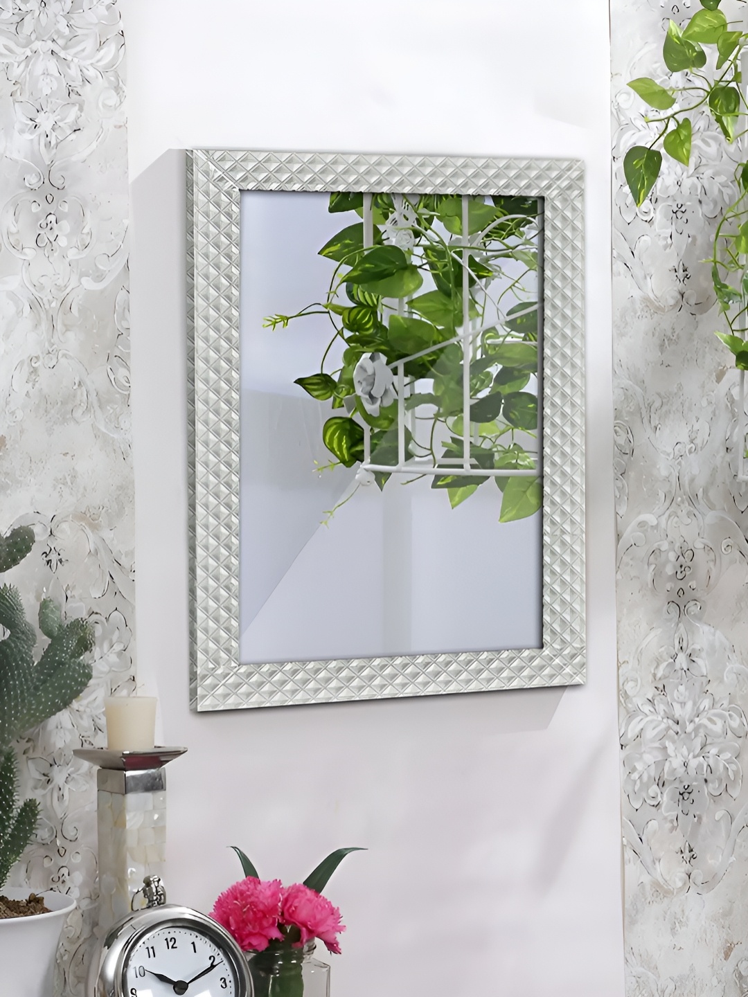 

Art Street White Textured Rectangle Wall Mirrors With Wooden Frame