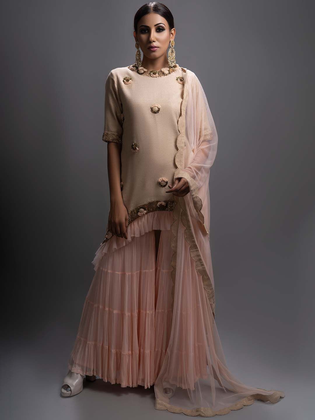 

Sejal Kamdar Quaysa Floral Embroidered Beads and Stones Kurta With Garara & Dupatta, Peach