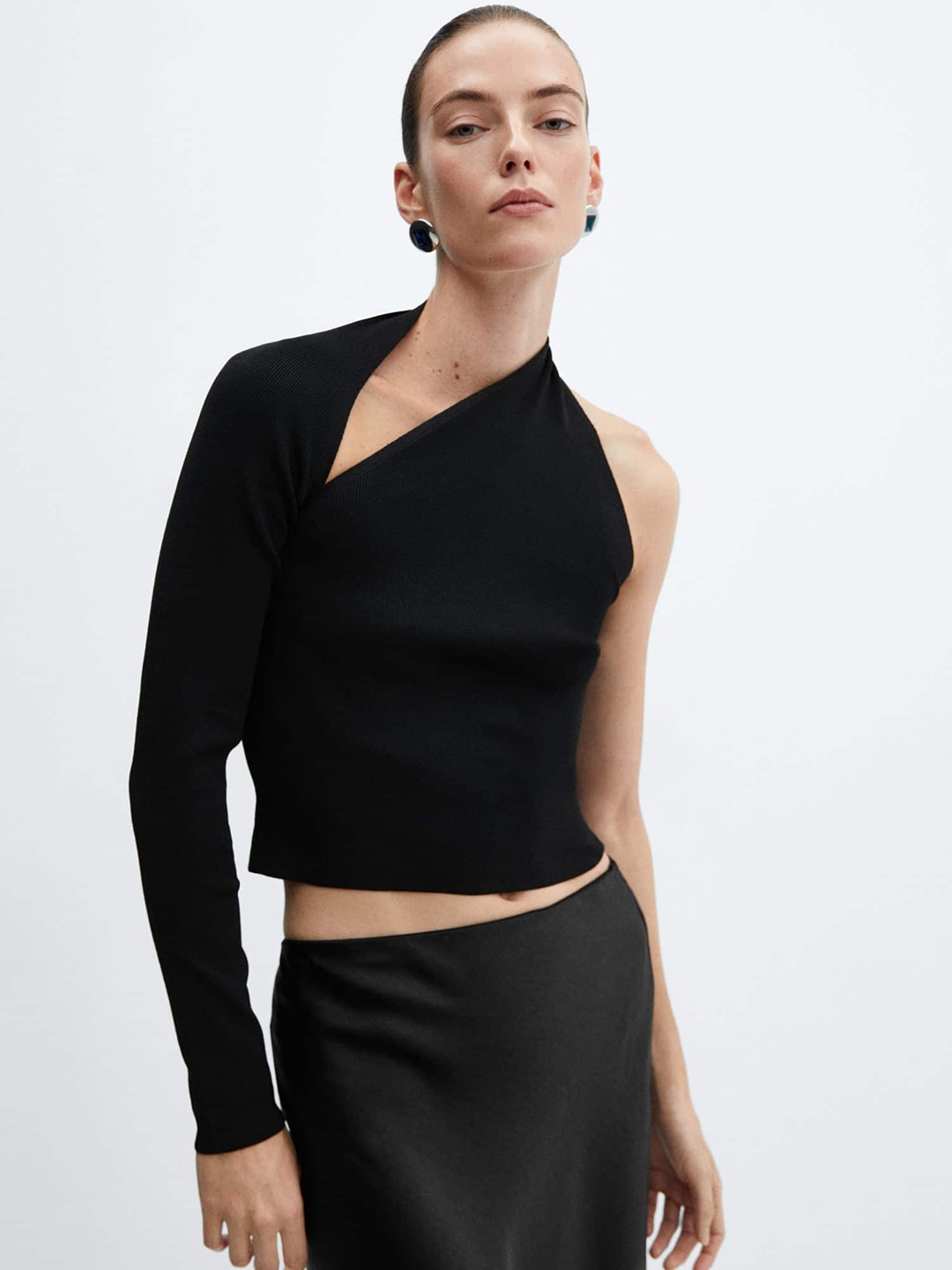 

MANGO Asymmetric One Shoulder Crop Top, Black