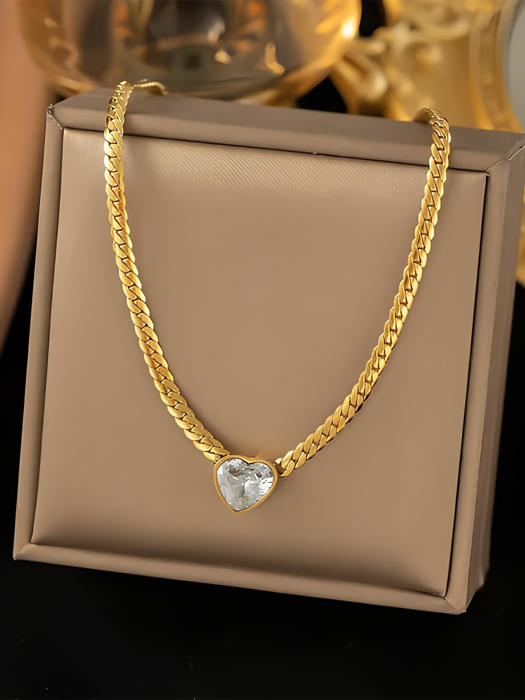 

KARISHMA KREATIONS Gold-Plated CZ Studded Heart-Shaped Stainless Steel Necklace