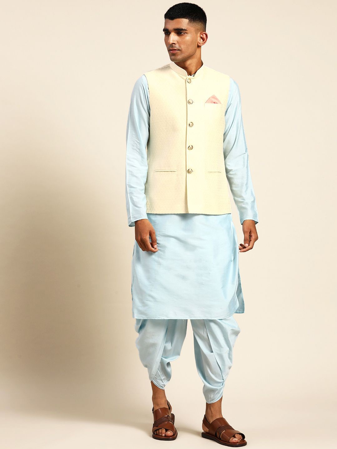 

Anouk Mandarin Collar Regular Straight Kurta with Dhoti Pants & Jacket, Blue