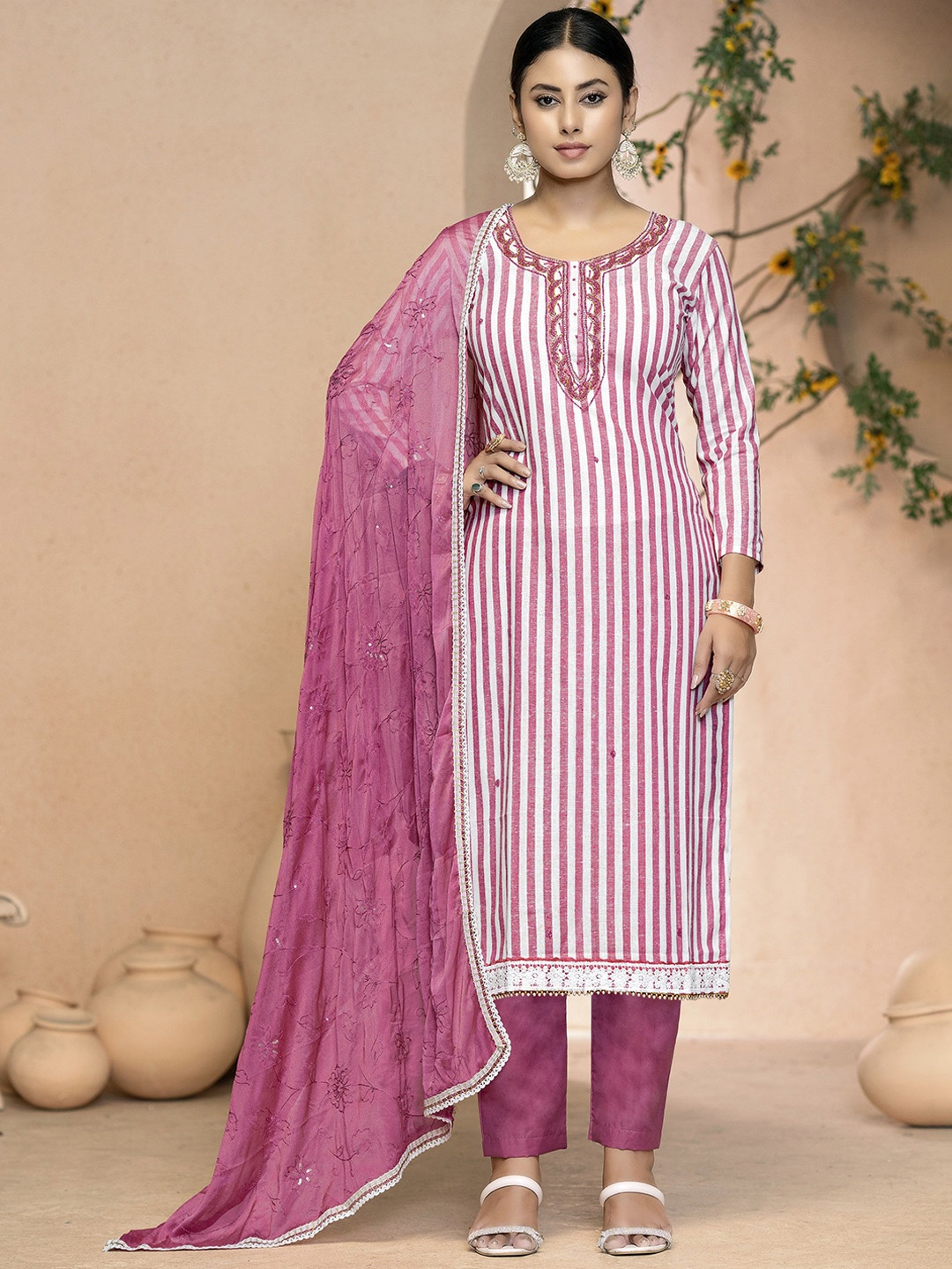 

MANVAA Striped Embellished Zari Unstitched Dress Material, Pink