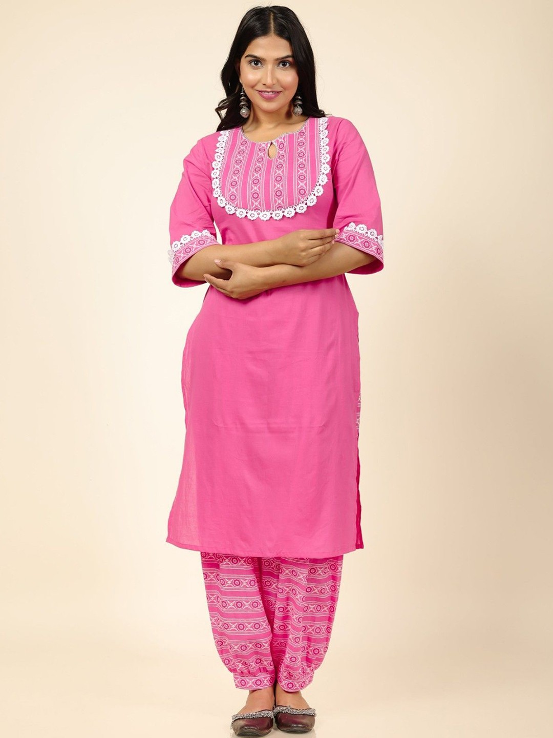 

Aramya Floral Yoke Design Regular Pure Cotton Kurta with Salwar, Pink