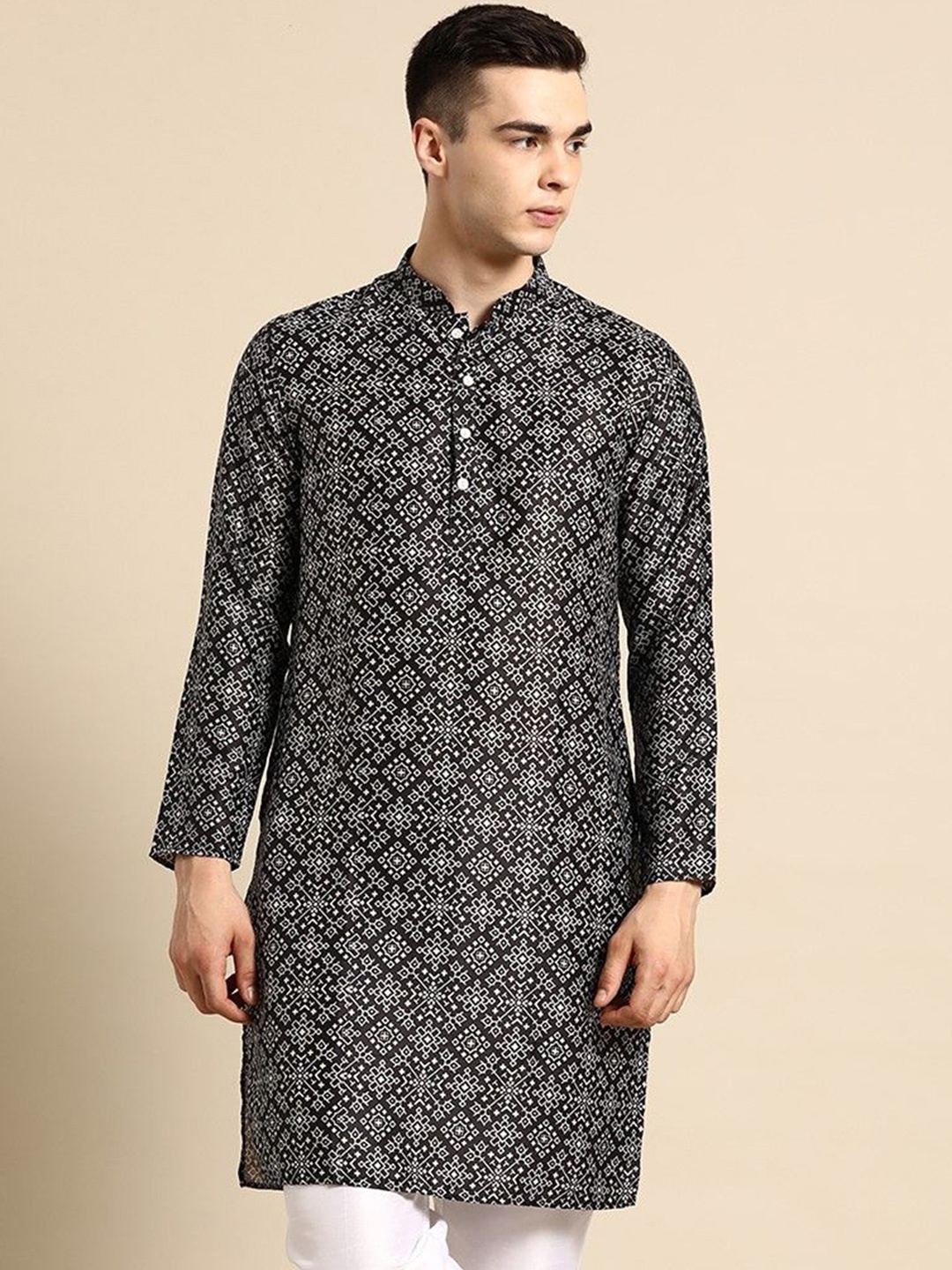 

Sayisha Ethnic Motifs Woven Design Mandarin Collar Straight Silk Kurta, Black